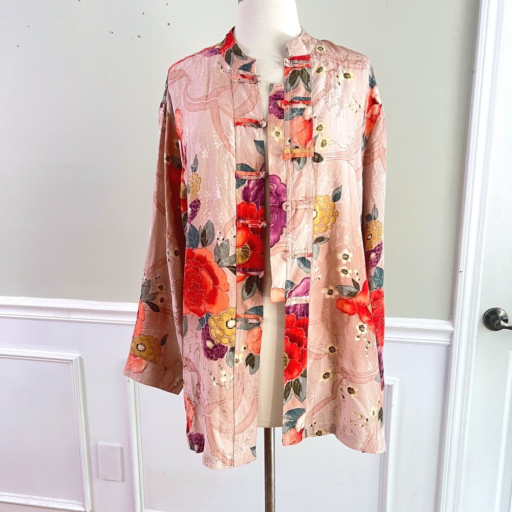 Chico's Design Silk Jacket 2 Women Floral Frog Toggle Pink Chinoiserie Vintage